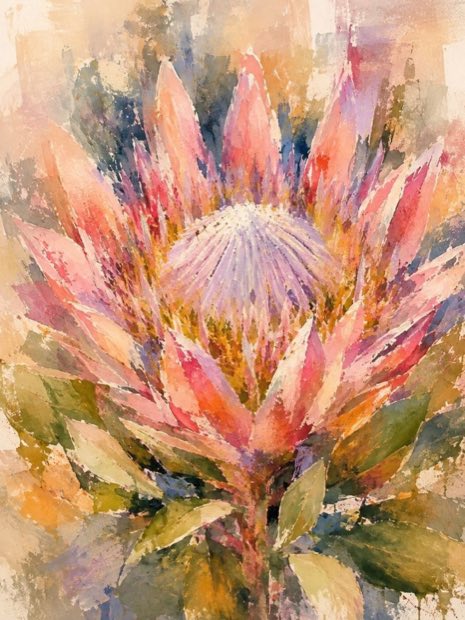 A king protea worked in watercolour over a photograph.