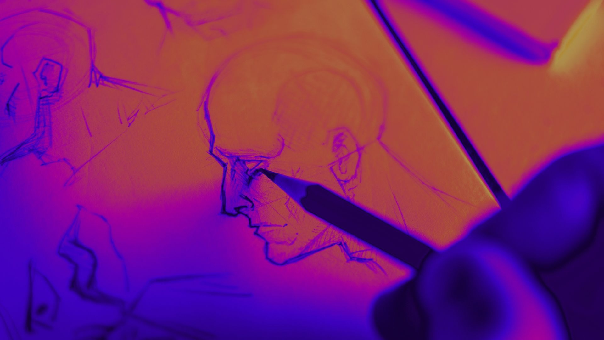 A colourful fine art photograph of being created from a sketch of a human face