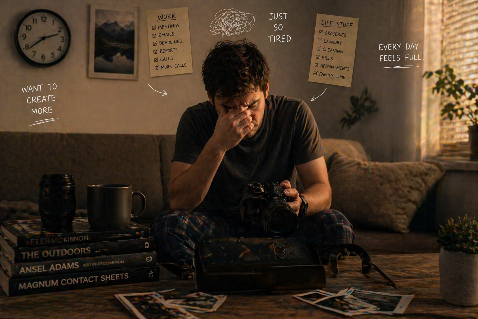 Stressed photographer experiencing burnout and creative block while sitting at a desk with his camera.