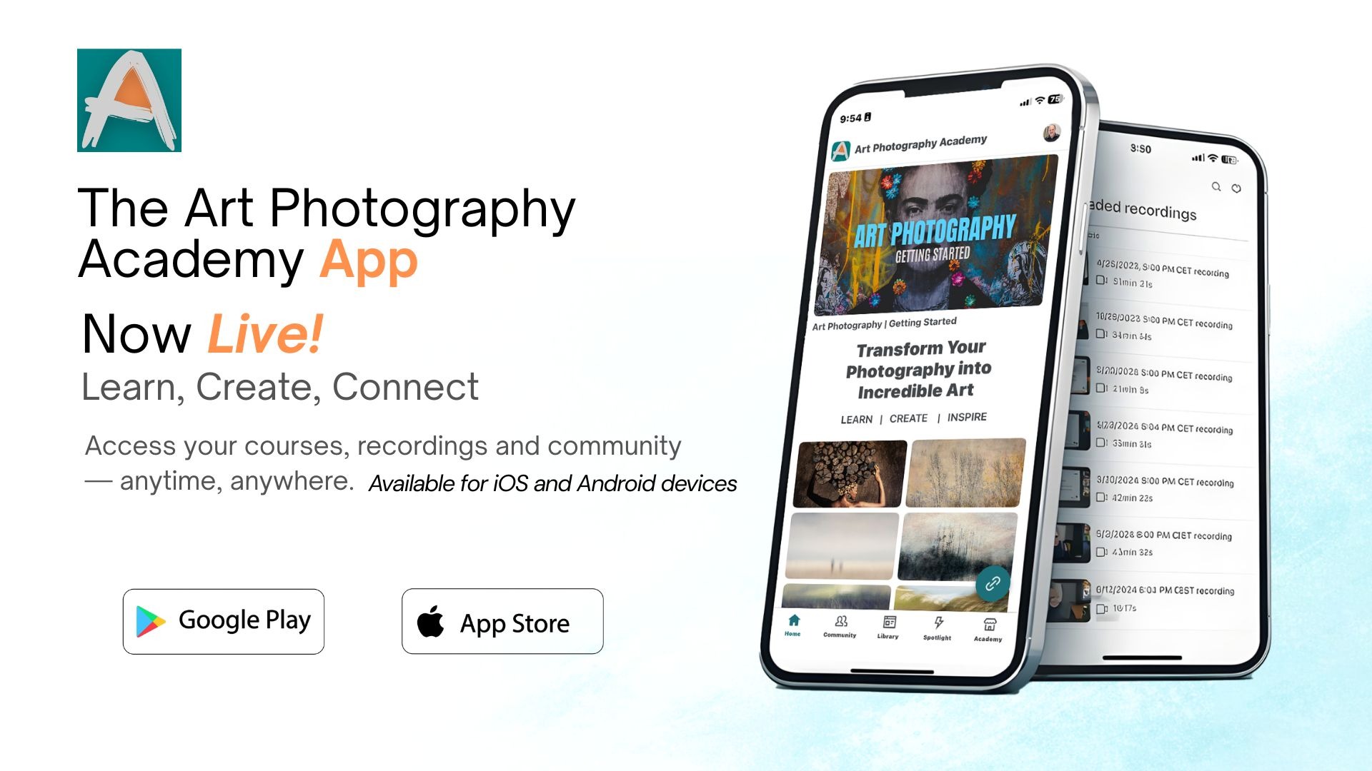 Art Photography Academy app interface on smartphones showing mobile courses and photography lessons.
