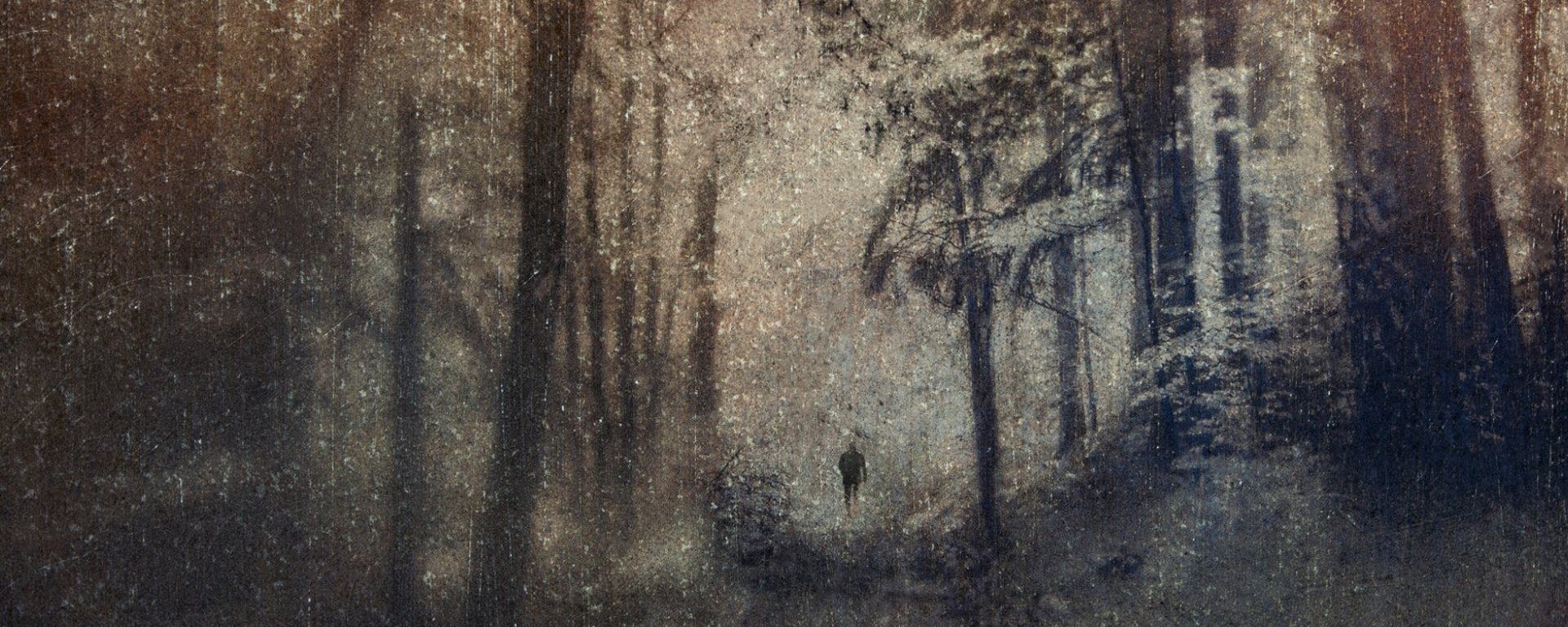 Lone figure in a dark textured forest, a fine art photograph