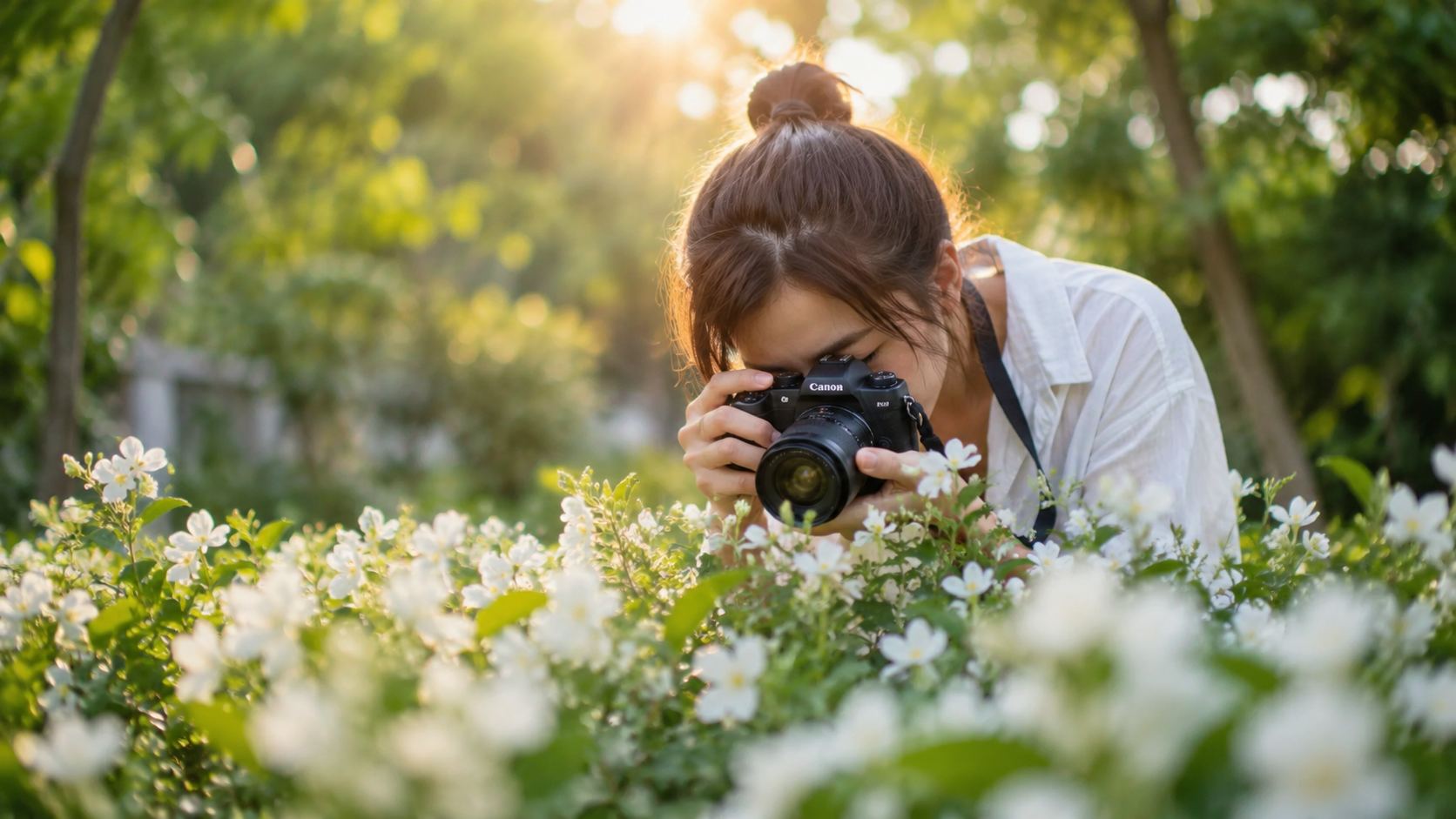 A woman in a garden photographing white blossom with a mirrorless camera
