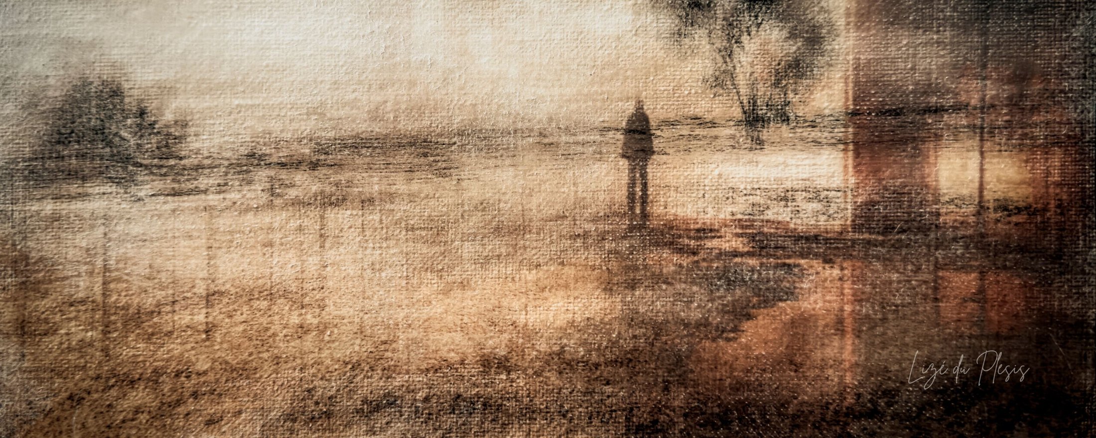 A painterly fine art photograph made by an Art Photography Academy student, a lone figure standing in a wide ochre landscape with canvas texture across the whole image.