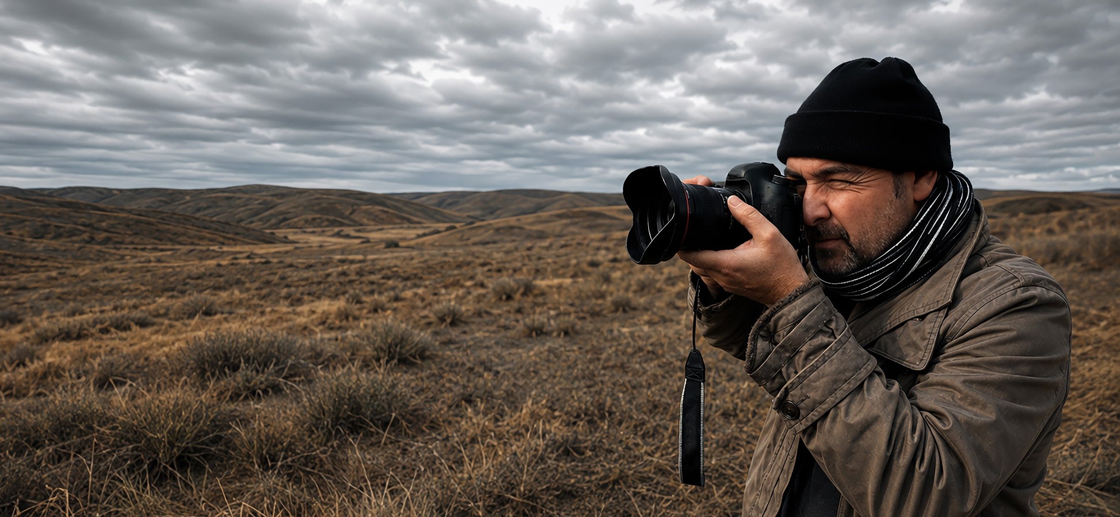 Martin Osner photographing across open grassland under a heavy sky