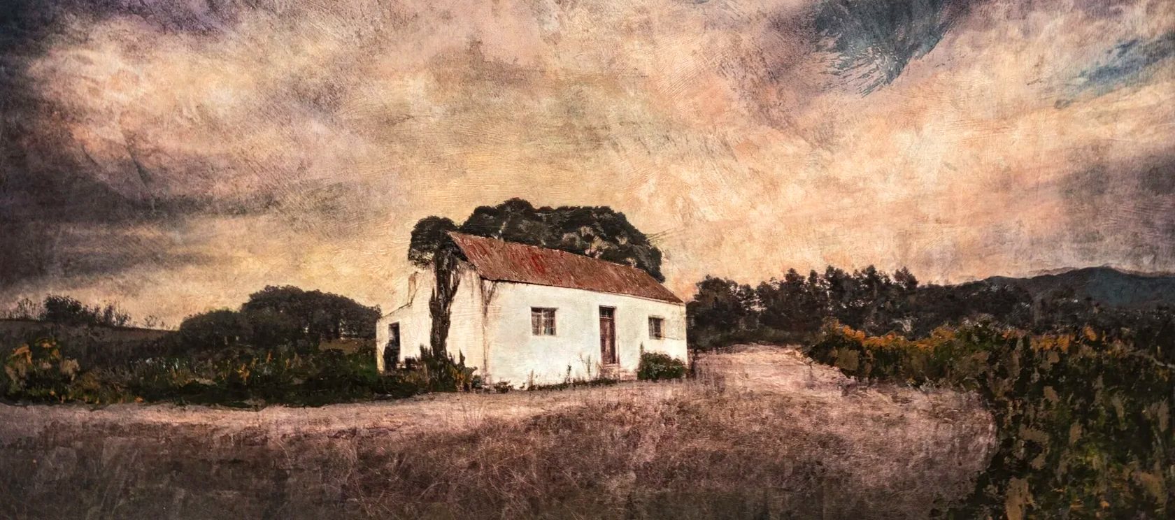 Homestead Reverie by Martin Osner, a whitewashed farmhouse under a wide ochre sky
