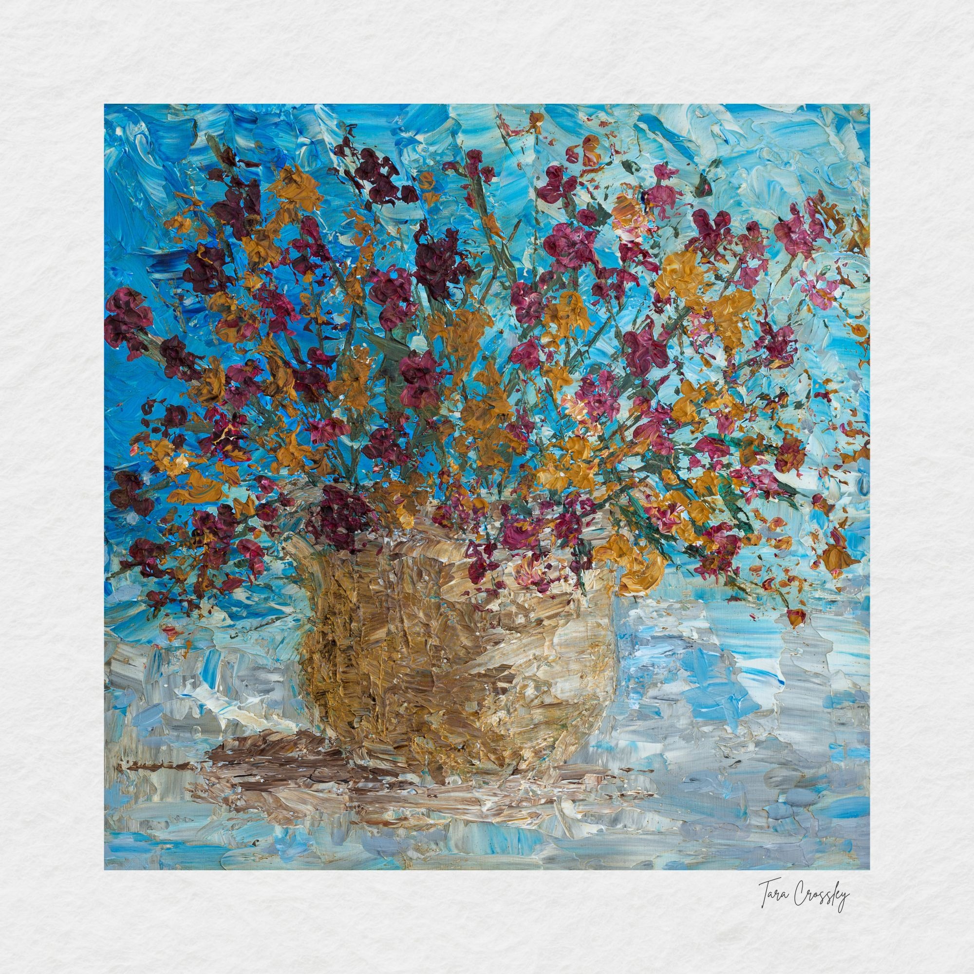 A student painting of red and pink blossoms in a stone vase against a blue ground