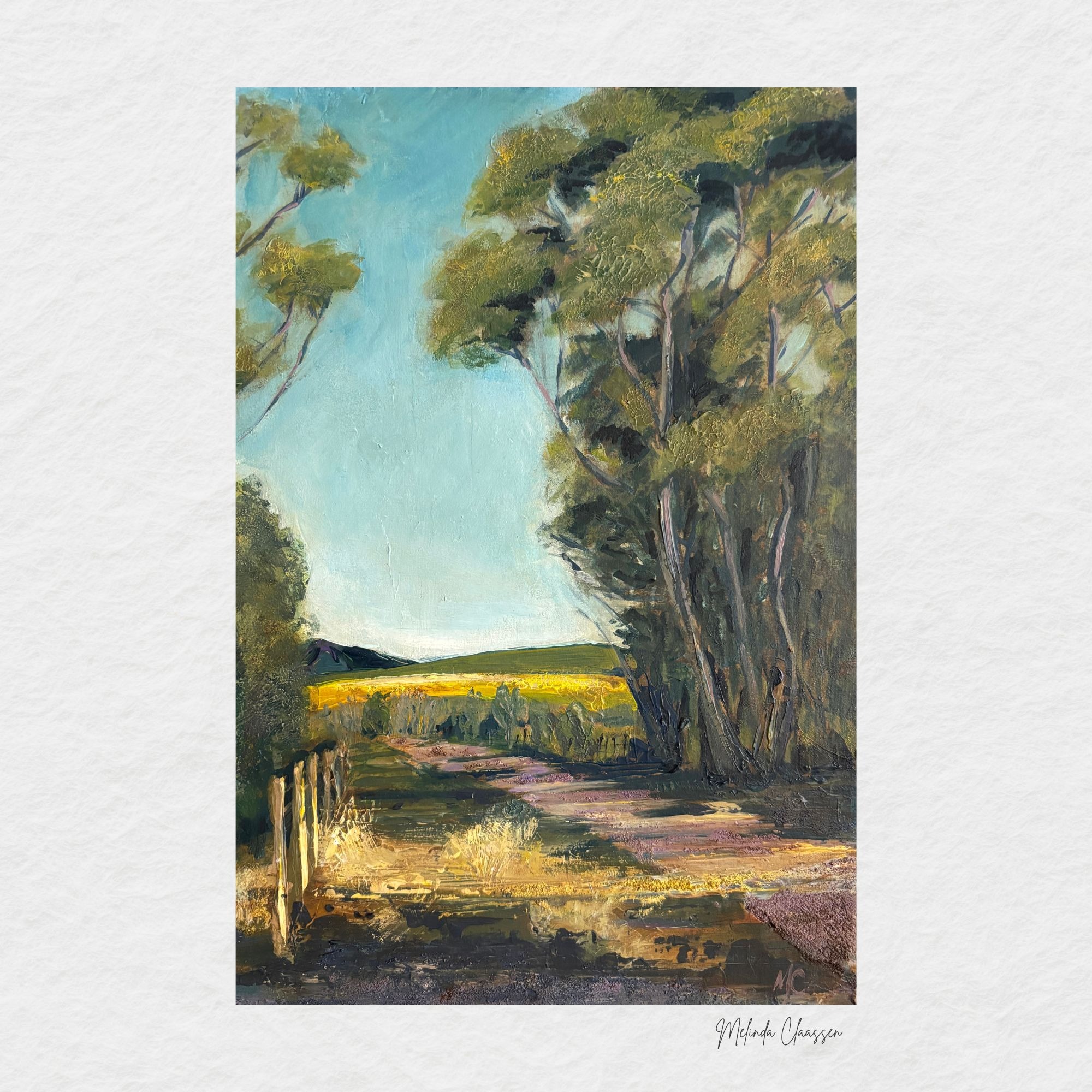 A student painting of a farm track running between tall gum trees towards open fields