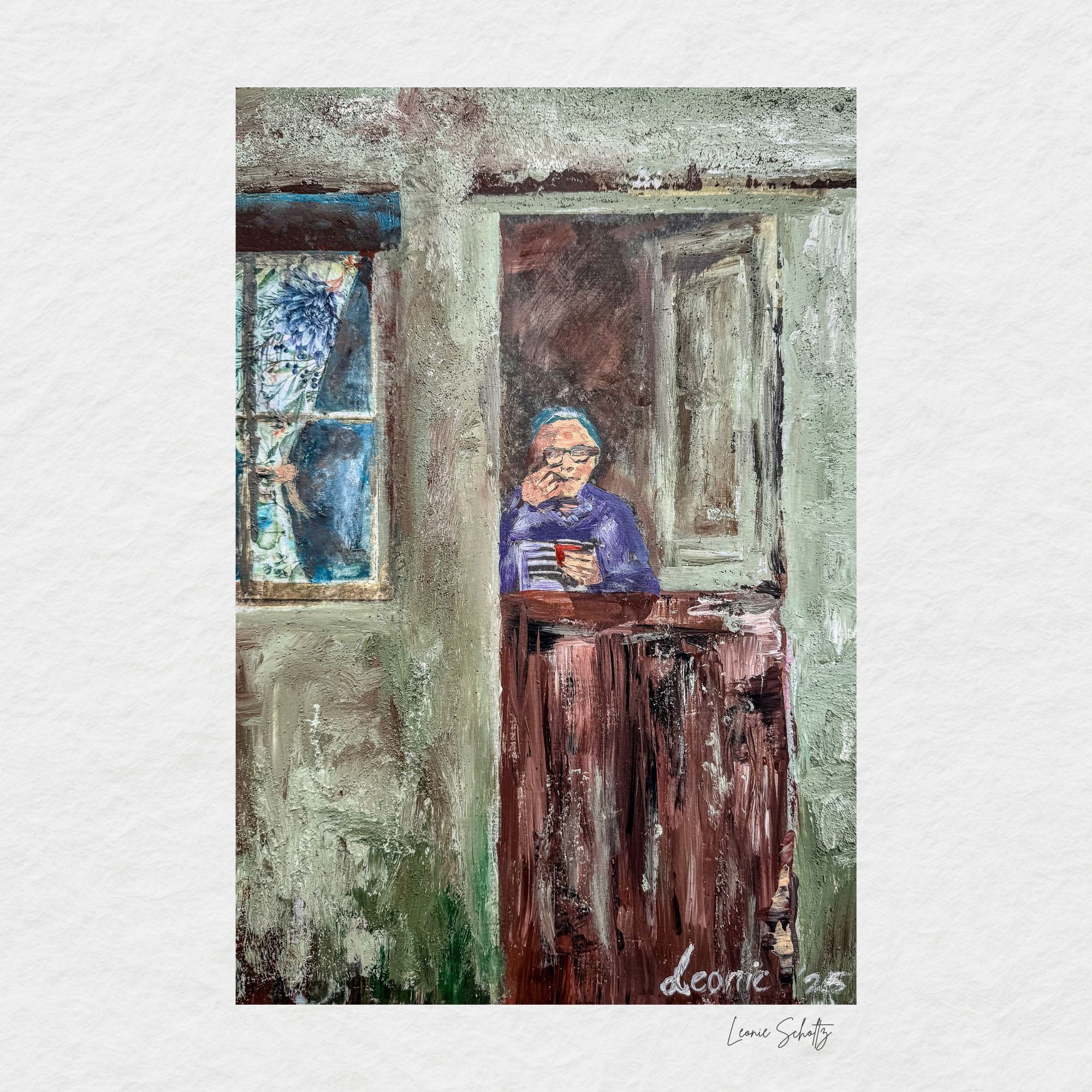 A student painting of a figure standing in the doorway of a weathered cottage