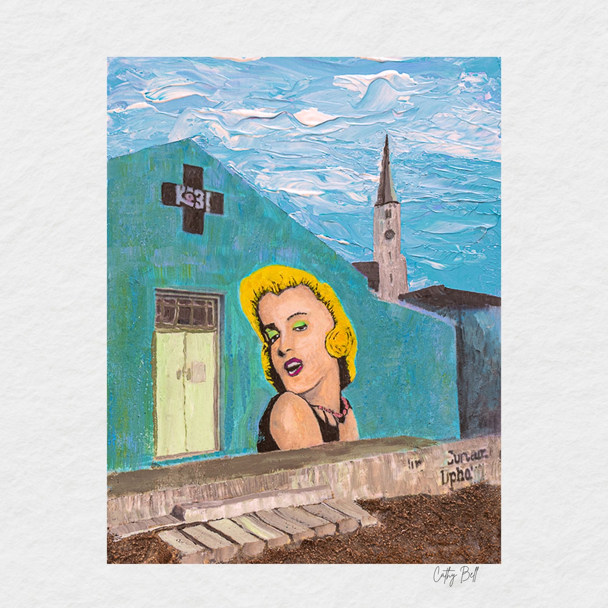A bold student painting of a village scene with a church spire and a portrait on a wall