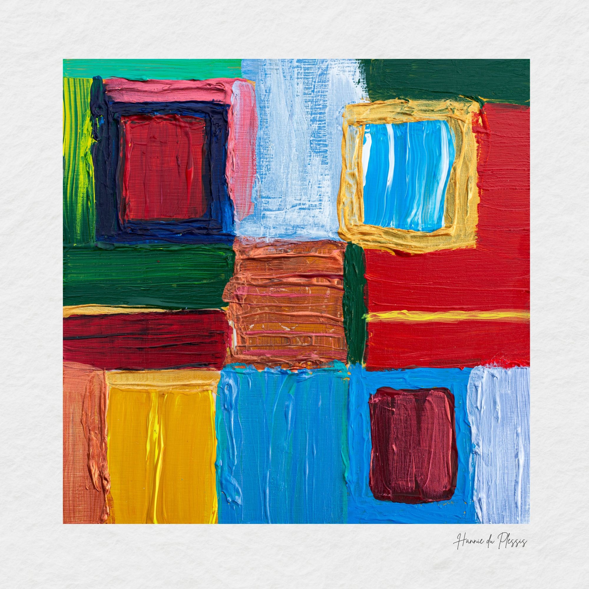 An abstract student painting in blocks of red, blue, yellow and green