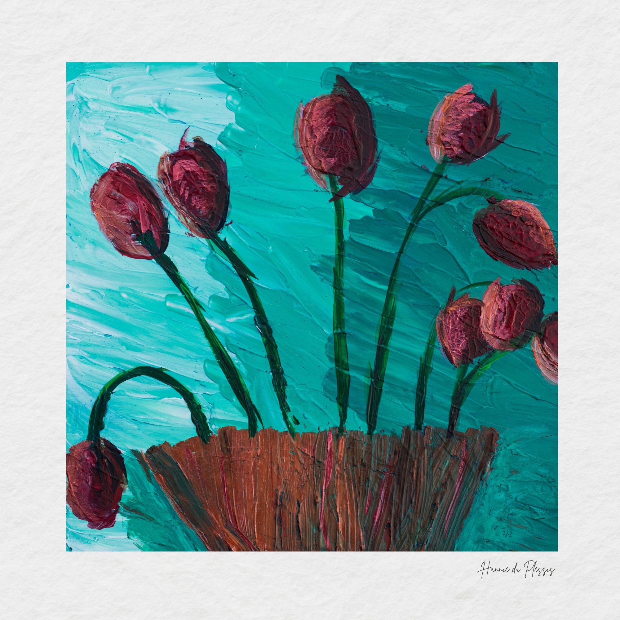 A student painting of dark tulips in a copper pot against turquoise