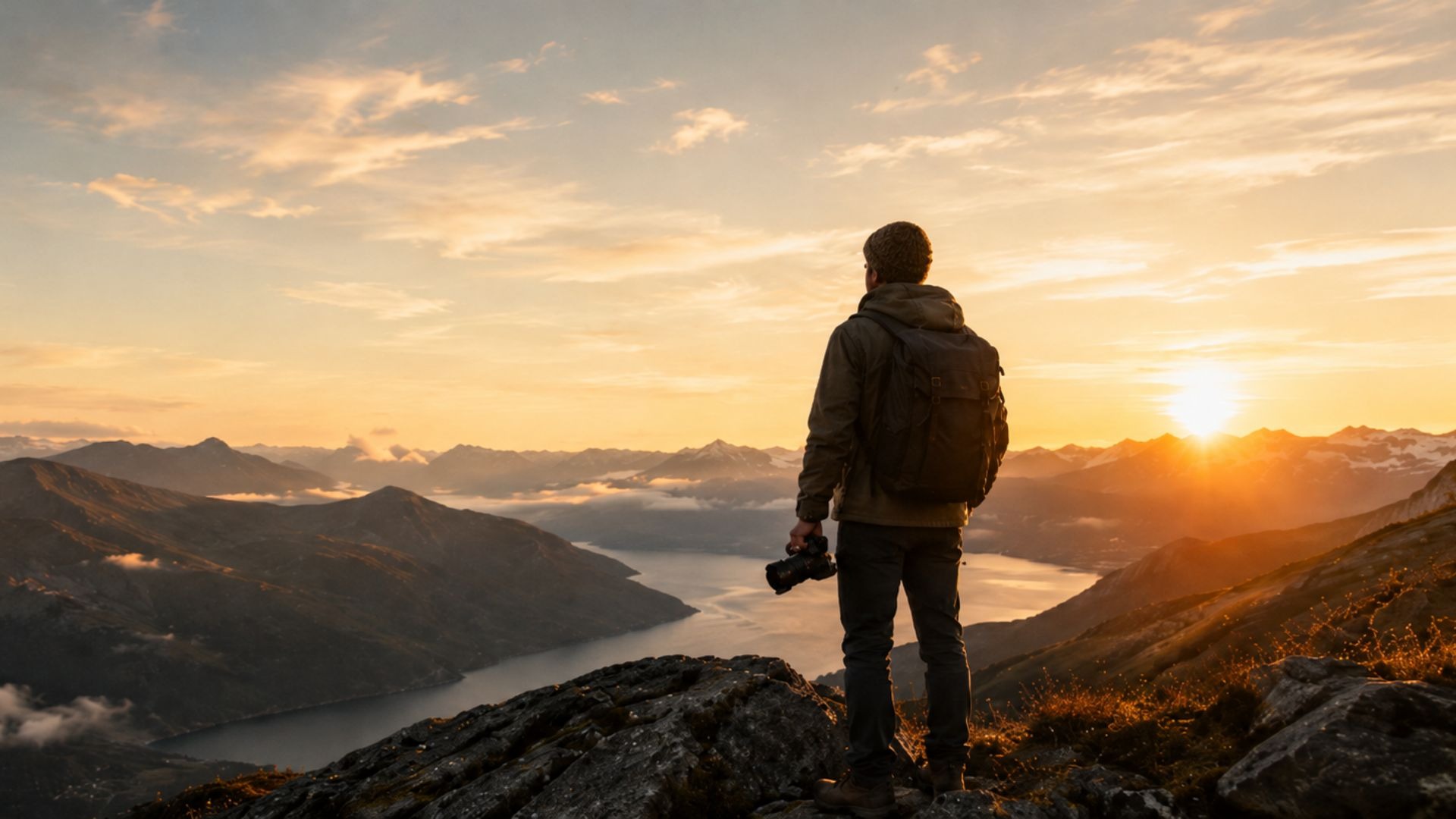 Photographer standing on top of a mountain at sunrise overlooking a river and surrounding landscape while holding a camera