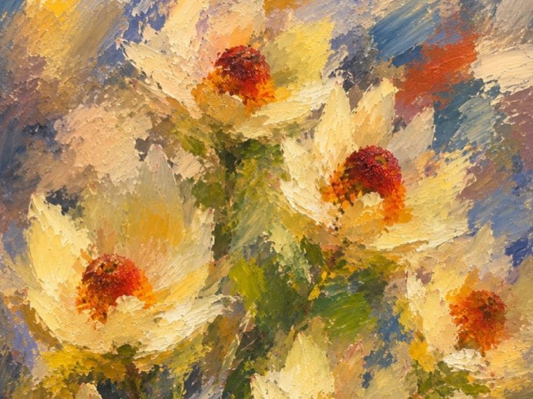 The same photograph worked by hand into a painting with thick, expressive brushwork.