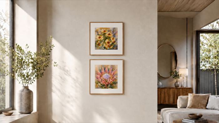 Two framed Photo Alchemy artworks hanging together in a calm, light filled room.
