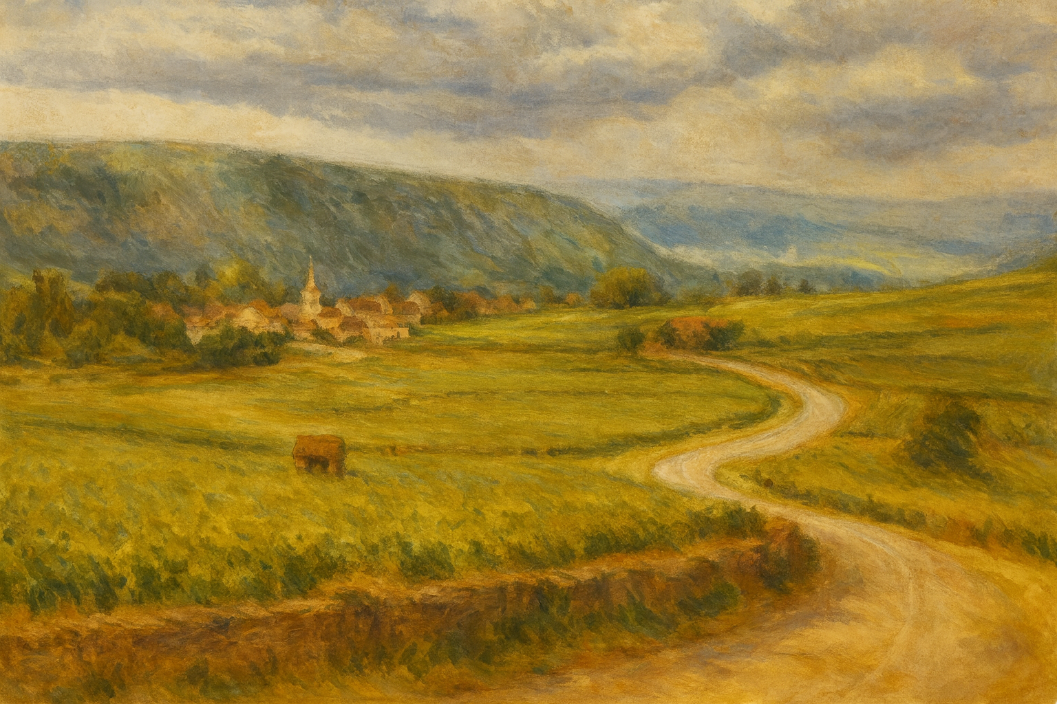 Impressionist oil painting of a winding road through golden fields toward a rural village and hills.