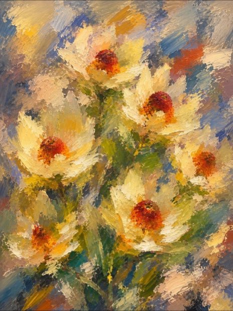 Yellow proteas worked in thick, expressive oils over a photograph.